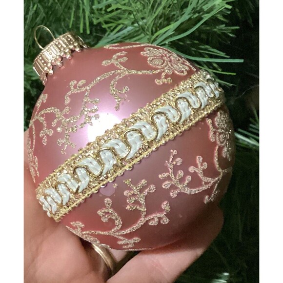 Krebs PINK GOLD Glitter Lace RIBBON Floral Christmas Ornaments SHABBY Victorian - Picture 8 of 15